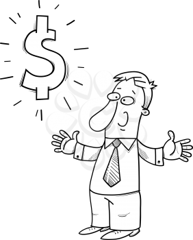 Black and White Cartoon Illustration of Happy Businessman or Man Character with Dollar Sign