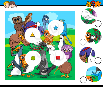 Cartoon Illustration of Educational Match the Pieces Game for Children with Birds Animal Characters