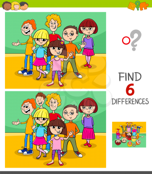 Cartoon Illustration of Finding Six Differences Between Pictures Educational Game for Children with Kids or Teenagers Group