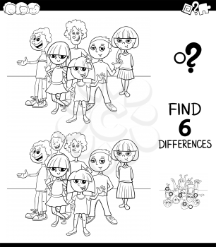 Black and White Cartoon Illustration of Finding Six Differences Between Pictures Educational Game for Children with Kids or Teenagers Group Coloring Book