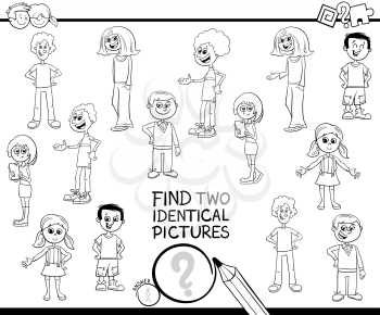 Black and White Cartoon Illustration of Finding Two Identical Pictures Educational Game for Kids with Children or Teen Characters Coloring Book