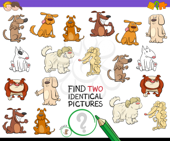 Cartoon Illustration of Finding Two Identical Pictures Educational Game for Kids with Funny Dog Characters