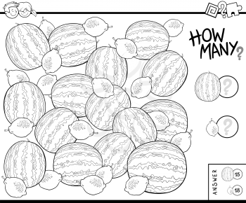 Black and White Illustration of Educational Counting Task for Children with Watermelons and Lemons Coloring Book