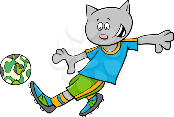 Cartoon Illustrations of Cat Football or Soccer Player Character with Ball