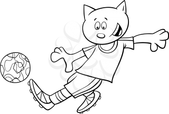 Black and White Cartoon Illustrations of Cat Football or Soccer Player Character with Ball Coloring Book