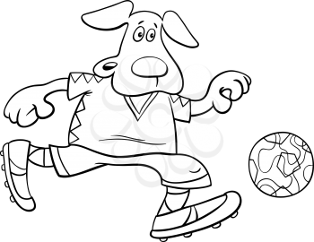 Black and White Cartoon Illustrations of Dog Football or Soccer Player Character with Ball Coloring Book