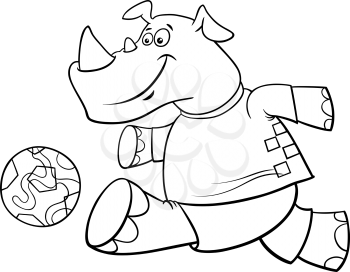 Black and White Cartoon Illustrations of Rhino Football or Soccer Player Character with Ball Coloring Book