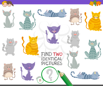 Cartoon Illustration of Finding Two Identical Pictures Educational Activity Game for Children with Happy Cat Characters