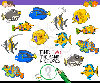 Cartoon Illustration of Finding Two Identical Pictures Educational Activity Game for Children with Fish