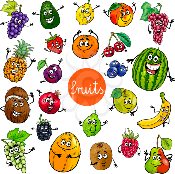 Cartoon Illustration of Fruits Comic Food Characters Big Set