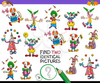 Cartoon Illustration of Finding Two Identical Pictures Educational Game for Childen with Funny Clown Characters