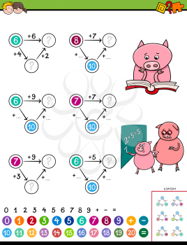 Cartoon Illustration of Educational Mathematical Addition Puzzle Game for Children