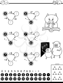 Black and White Cartoon Illustration of Educational Mathematical Addition Puzzle Game for Children Coloring Book