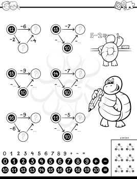 Black and White Cartoon Illustration of Educational Mathematical Subtraction Puzzle Game for Children Coloring Book