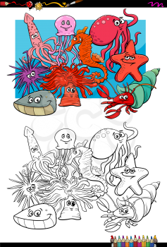 Cartoon Illustration of Sea Life Animal Characters Group Coloring Book Activity