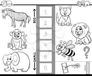 Black and White Cartoon Illustration of Educational Game of Finding the Largest and the Smallest Animal with Funny Characters for Kids Coloring Book