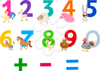 Cartoon Illustration of Numbers Set from Zero to Nine with Cute Farm Animal Characters