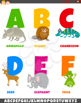 Cartoon Illustration of Colorful Alphabet Set from Letter A to F with Wild Animal Characters