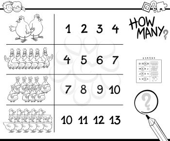 Black and White Cartoon Illustration of Educational Counting Activity for Children with Chicken Animal Characters Coloring Book