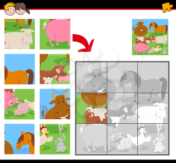 Cartoon Illustration of Educational Jigsaw Puzzle Activity Game for Children with Comic Farm Animals Group
