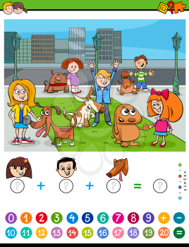 Cartoon Illustration of Educational Mathematical Counting and Addition Activity Task for Children with Kids and Dogs Characters