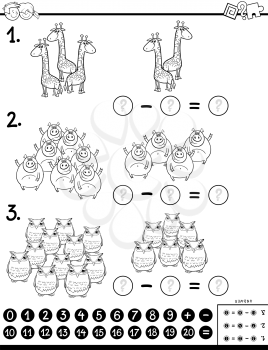 Black and White Cartoon Illustration of Educational Mathematical Subtraction Puzzle Task for Children with Animal Characters Coloring Book
