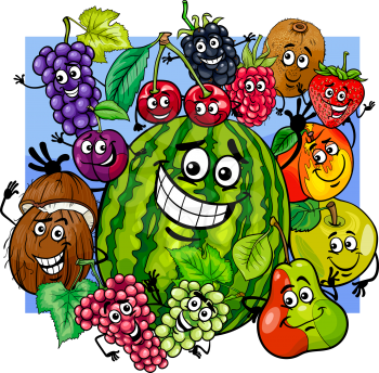 Cartoon Illustration of Witty Fruit Characters Group