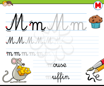 Cartoon Illustration of Writing Skills Practice with Letter M Worksheet for Preschool and Elementary Age Children