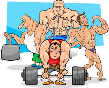 Cartoon Illustration of Muscular Men or Athletes at the Gym