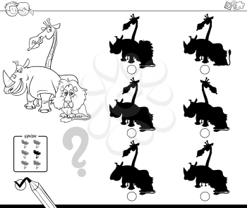 Black and White Cartoon Illustration of Finding the Shadow without Differences Educational Activity for Children with Funny Wild Animal Characters Coloring Book