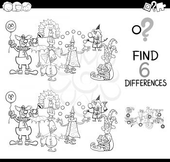 Black and White Cartoon Illustration of Find and Spot Six Differences Between Pictures Educational Activity Game for Kids with Clown Characters Group Coloring Book