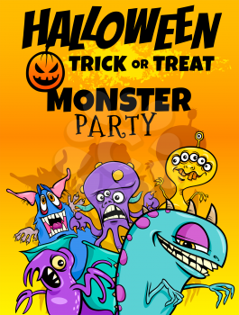 Cartoon Illustration of Halloween Holiday Party Poster or Banner Design with Comic Monster Characters