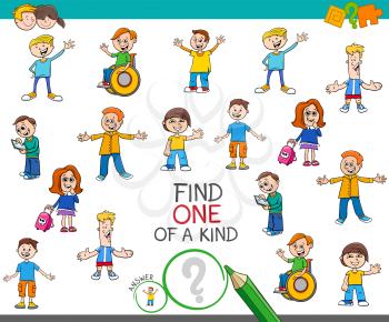 Cartoon Illustration of Find One of a Kind Picture Educational Activity Game for Children with Kids and Teens Characters