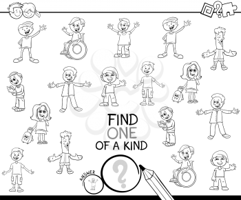 Black and White Cartoon Illustration of Find One of a Kind Picture Educational Activity Game for Children with Kids and Teens Characters Coloring Book