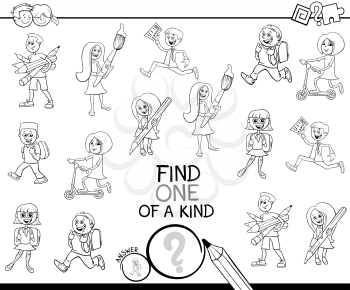 Black and White Cartoon Illustration of Find One of a Kind Picture Educational Activity Game for Children with School Kids and Teens Characters Coloring Book