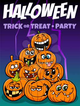 Cartoon Illustration of Halloween Holiday Party Poster or Banner Design with Comic Jack O Lantern Pumpkins Characters