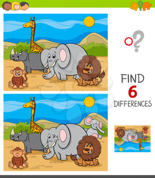 Cartoon Illustration of Finding Six Differences Between Pictures Educational Game for Children with Safari Wild Animal Characters
