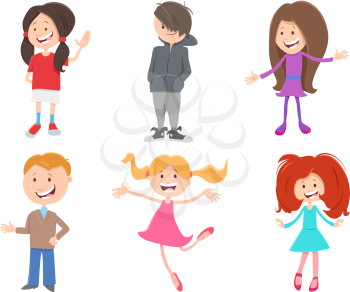 Cartoon Illustration of Happy Children and Teen Kids Characters Set