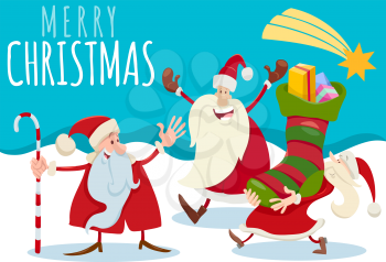 Cartoon Illustration of Christmas Design or Greeting Card with Santa Claus Characters and Presents