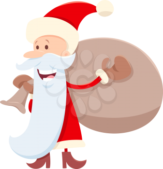Cartoon Illustration of Funny Santa Claus Character with Sack of Christmas Present