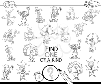 Black and White Cartoon Illustration of Find One of a Kind Picture Educational Activity Game for Children with Clown Characters Coloring Book