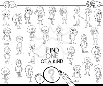 Black and White Cartoon Illustration of Find One of a Kind Picture Educational Activity Game for Children with Kid Boys and Girls Characters Coloring Book