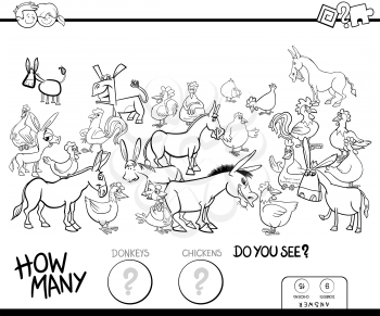 Black and White Cartoon Illustration of Educational Counting Game for Children with Donkeys and Chickens Farm Animals Characters Group Coloring Book