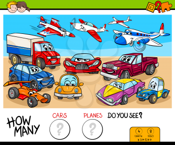 Cartoon Illustration of Educational Counting Game for Children with Cars and Planes Funny Characters Group