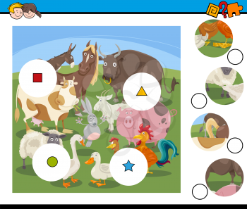 Cartoon Illustration of Educational Match the Elements Activity Game for Children with Farm Animal Characters Group