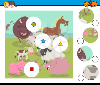 Cartoon Illustration of Educational Match the Elements Game for Children with Farm Animal Characters Group