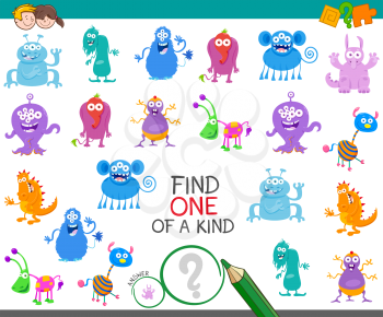 Cartoon Illustration of Find One of a Kind Educational Game for Kids with Monster Characters