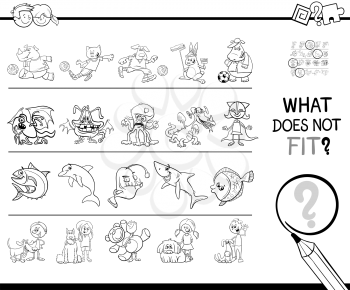 Black and White Cartoon Illustration of Finding Picture that does not Fit in a Row Educational Game with Animals and Children Coloring Book