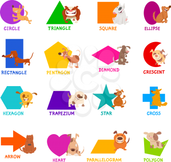 Educational Cartoon Illustration of Basic Geometric Shapes with Captions and Dogs Animal Characters for Children