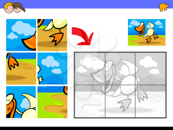 Cartoon Illustration of Educational Jigsaw Puzzle Activity Game for Children with Duck Bird Farm Animal Character